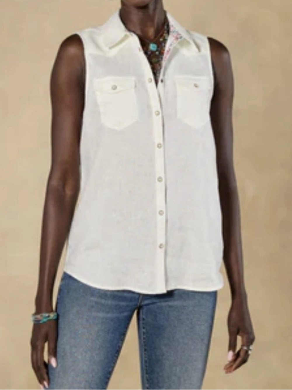 Sundance Pure White Linen Willow Sleeveless Top Pearl Snap Front XL Button-down - Picture 3 of 15
